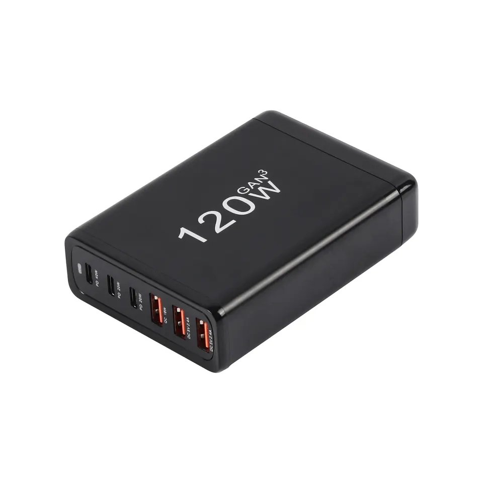 FozTech - 120W GaN 6 Port Fast Desktop Mains Charger QC3.0 & PD3.0 USB-C - Black - USB Power Adapter - FozTech Official Store