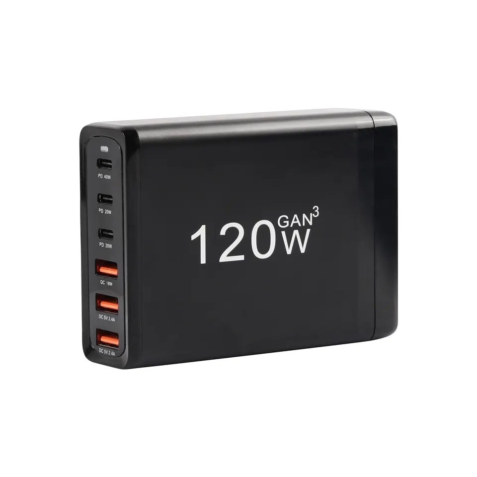 FozTech - 120W GaN 6 Port Fast Desktop Mains Charger QC3.0 & PD3.0 USB-C - Black - USB Power Adapter - FozTech Official Store
