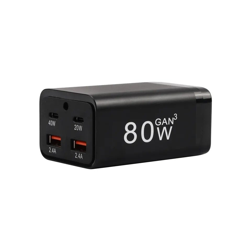 FozTech - 80W GaN 4 Port Fast Desktop Mains Charger QC3.0 & PD3.0 USB-C - Black - USB Power Adapter - FozTech Official Store