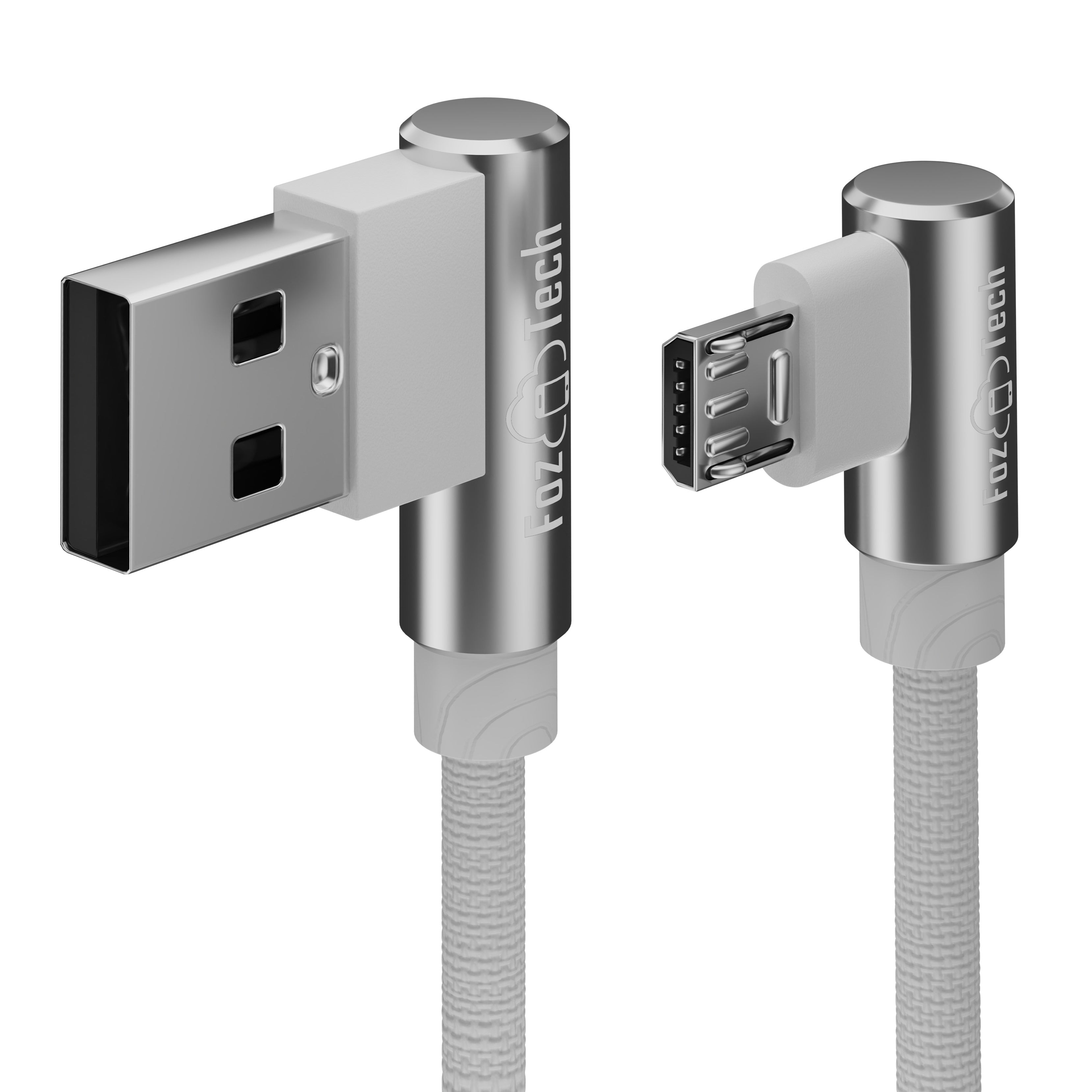 FozTech - Angled Series - Angled USB 2.0 Male to Micro USB Charger Data Cable - Silver - USB Cable - FozTech