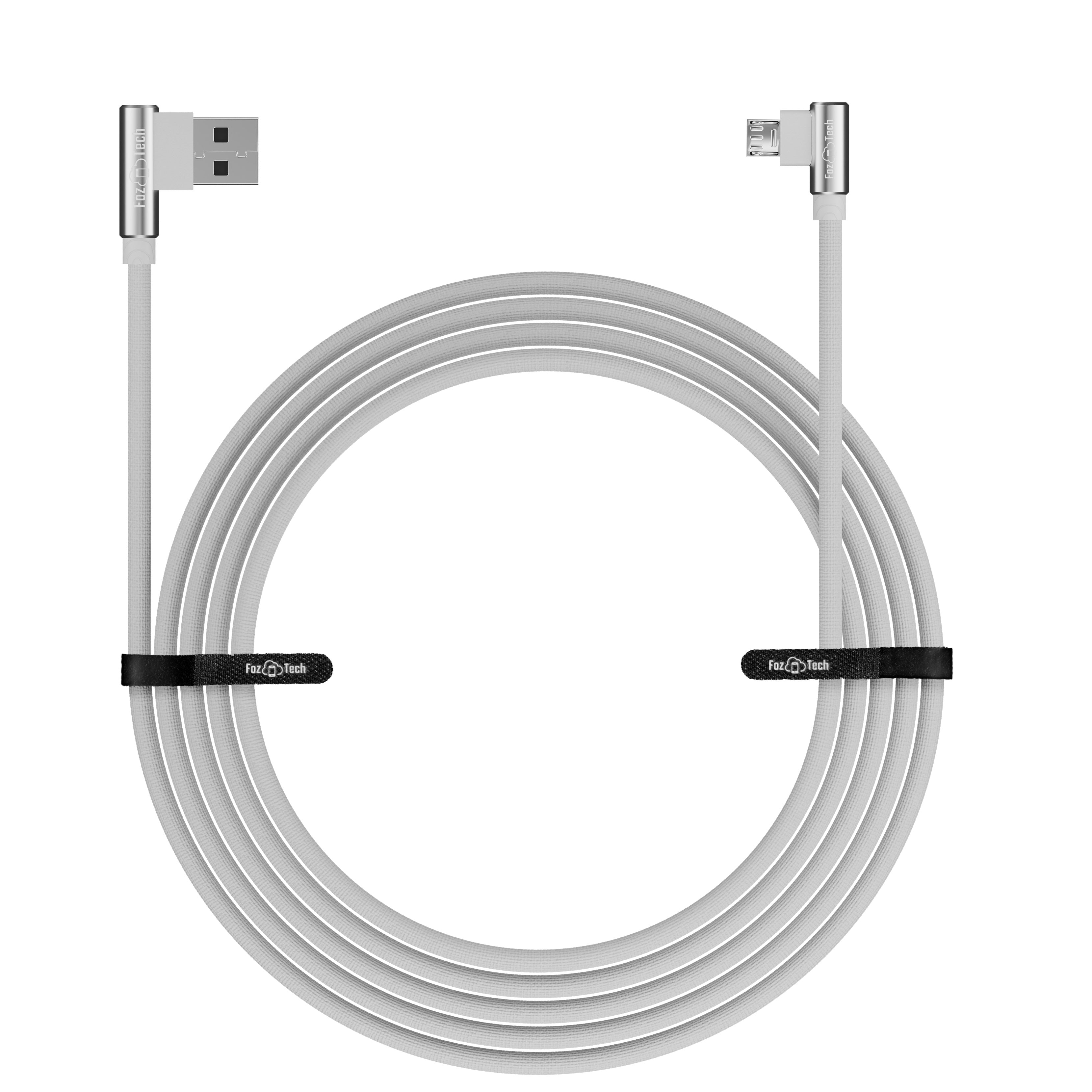 FozTech - Angled Series - Angled USB 2.0 Male to Micro USB Charger Data Cable - Silver - USB Cable - FozTech