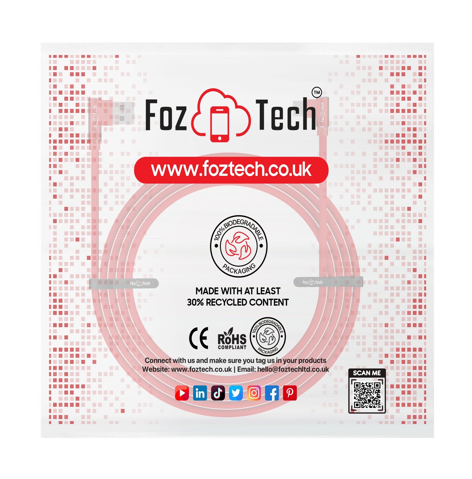 FozTech - Angled Series - Angled USB 2.0 Male to USB-C Charger Data Cable - Red - USB Cable - FozTech