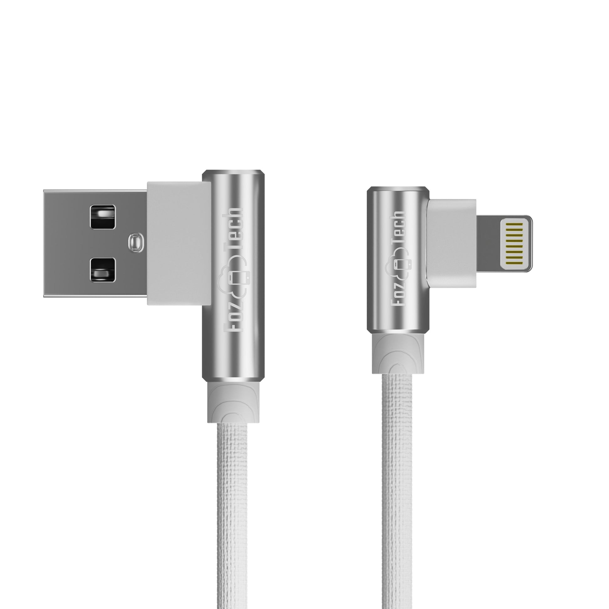 FozTech - Angled Series - Angled USB Charger Cable Data Sync Lead for iPhone, iPad, iPod - Silver - USB Cable - FozTech
