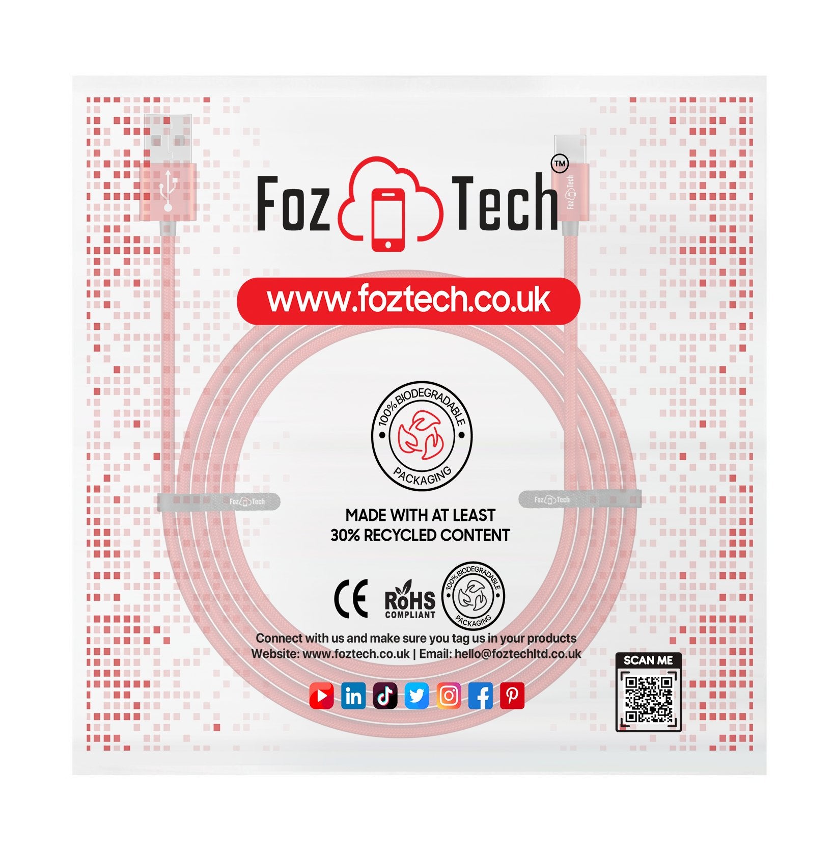 FozTech - CORE Series - USB 2.0 Male to USB-C Charger Data Cable - Red - USB Cable - FozTech