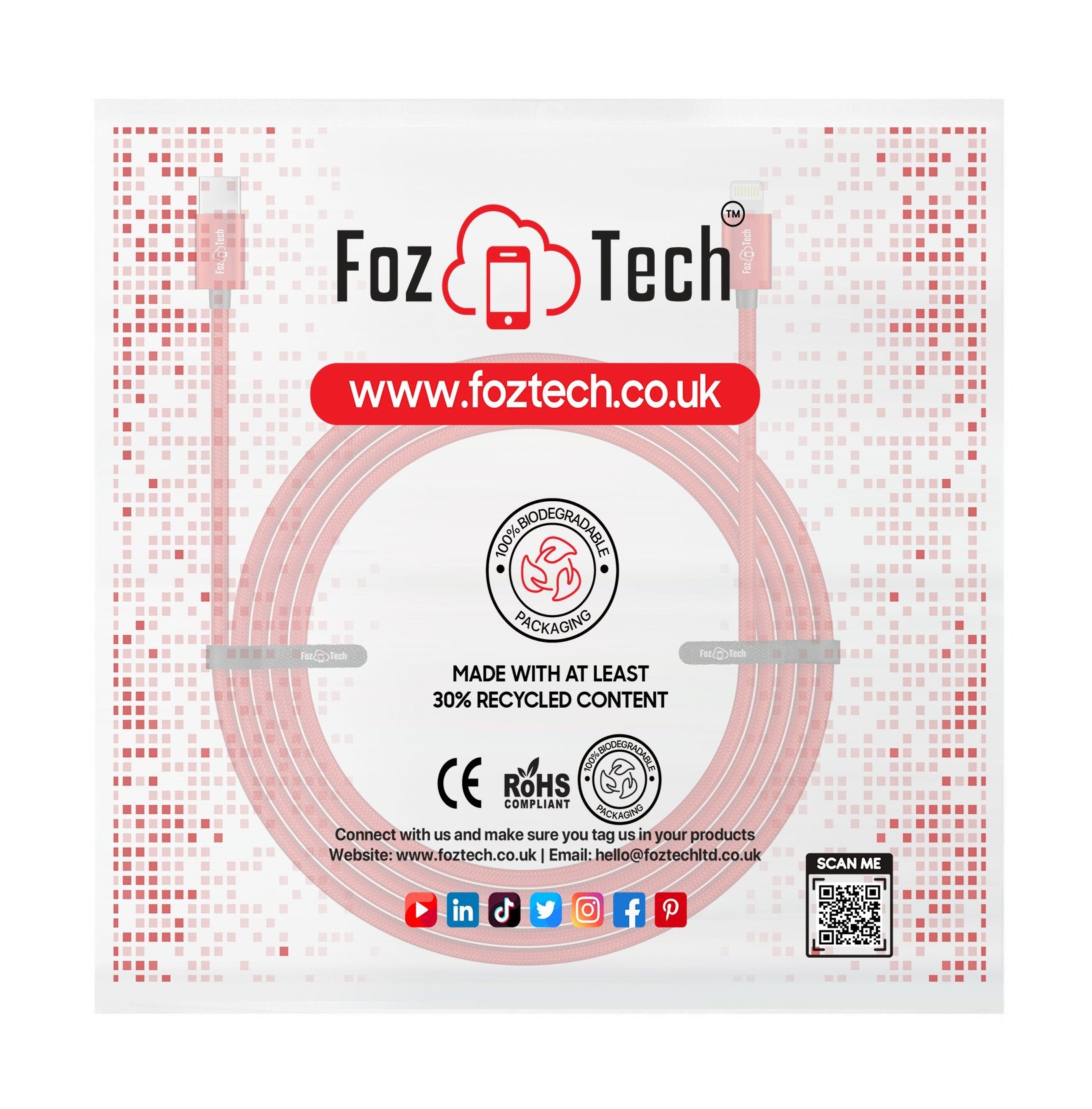 FozTech - CORE Series - USB-C Fast Charger Cable for iPhone 14 13 12 11 XR XS SE X 8 - Red - USB Cable - FozTech
