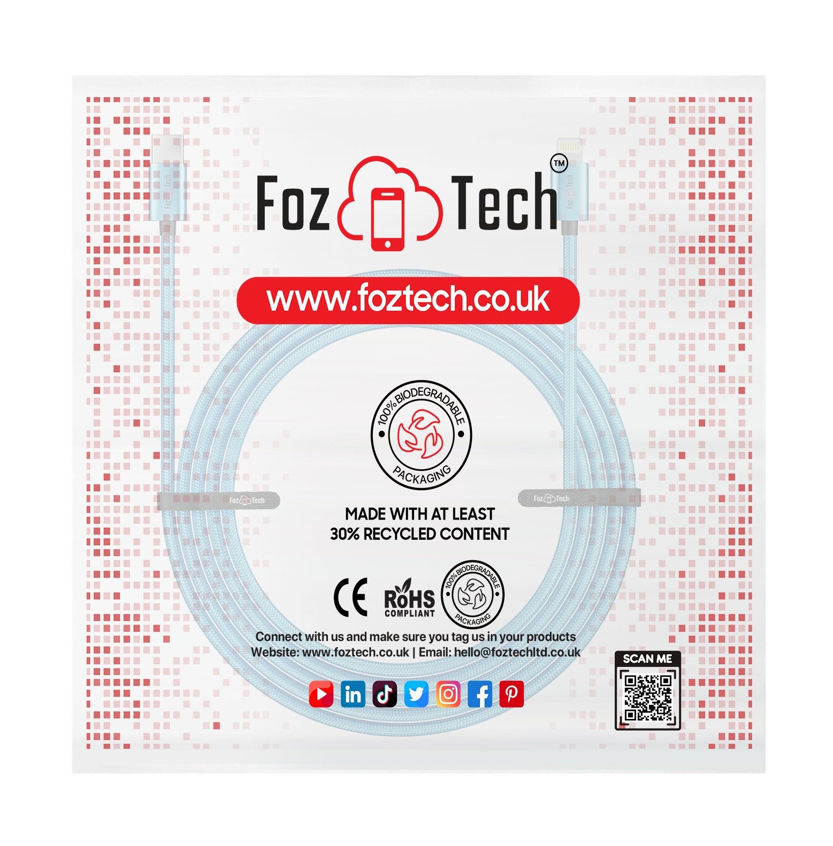 FozTech - CORE Series - USB-C to USB-C Fast Charger USB 2.0 Data Transfer Lead - Blue - USB Cable - FozTech