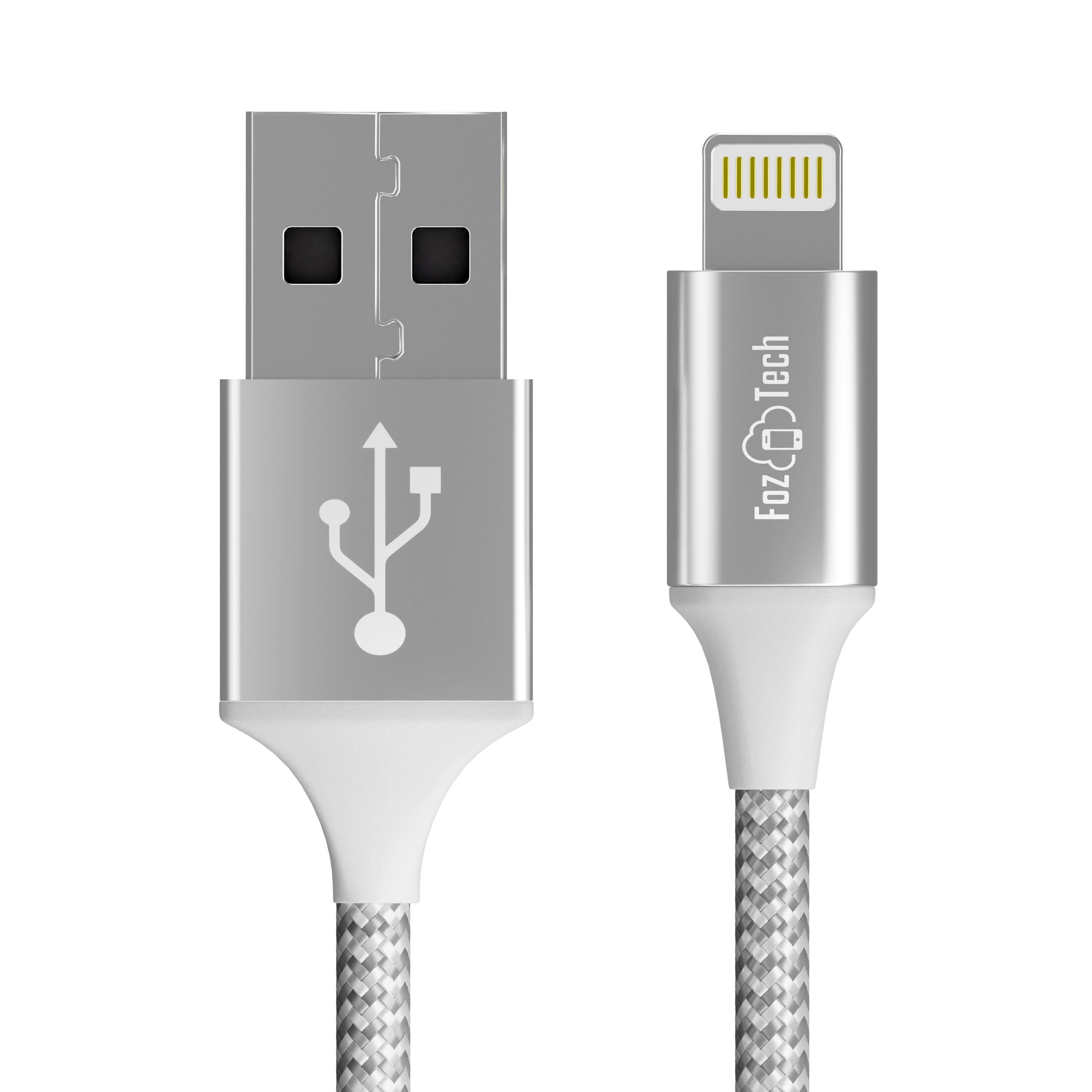 FozTech - PRO Series - USB Charger Cable Data Sync Lead for iPhone, iPad, iPod - Silver - USB Cable - FozTech